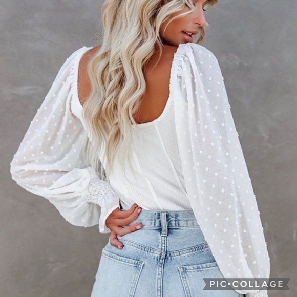 White Top/Bodysuit w/Sheer Popcorn Sleeves - Picture 2 of 4